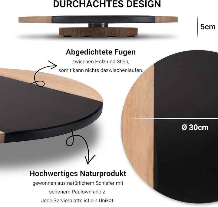 drehbare Schieferplatte mit Edelholz rund Servierplatte Kuchenplatte Wurstplatte Käseplatte Schiefer