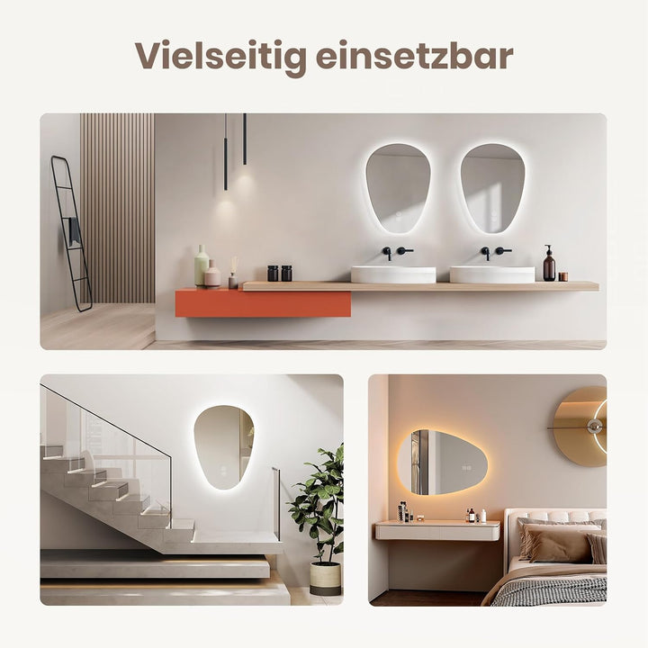 EMKE Asymmetrischer Spiegel LED Badspiegel mit Beleuchtung 70 x 50 cm Touch-Schalter, 3 Lichtfarben