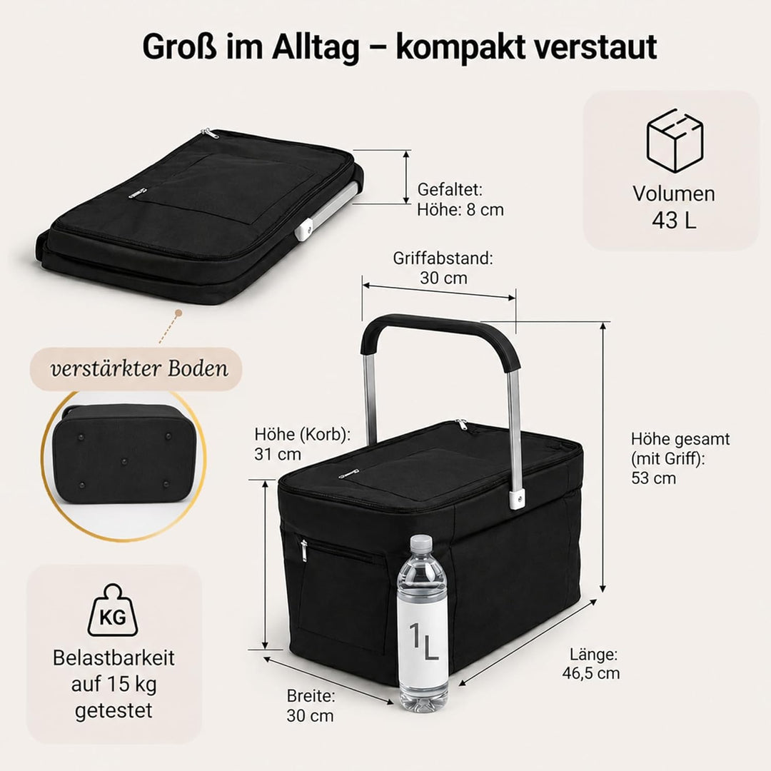 43L Einkaufskorb faltbar mit Deckel, gross, stabil, auch als Mutti Korb nutzbar, isolierter Kühlkorb