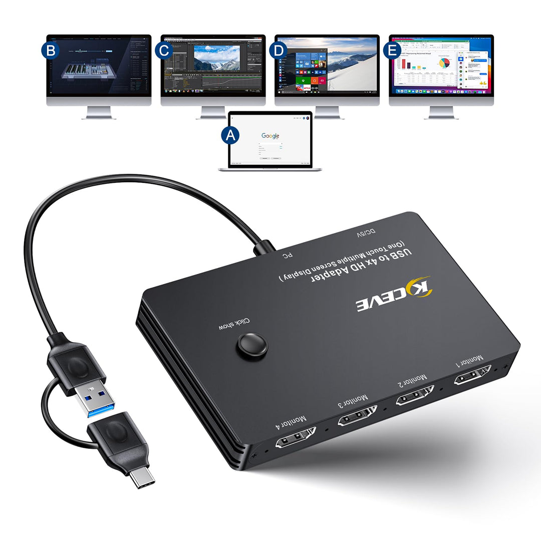 KCEVE USB zu 4 HDMI Adapter, Multi-Monitor-Anzeige 5 Separate Bildschirme, Unterstützung des Mirror/