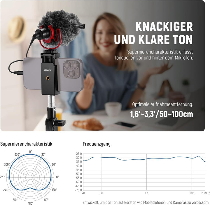 NEEWER VM10 Mini Plug & Play Vlog Mikrofon mit Reinigungstuch, 3,5mm TRS, USB C, OTG, Stossdämpferha
