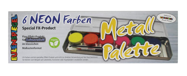 Eulenspiegel 423004 - Farb-Palette Neon, 6 x 3,5 ml UV-Farben, 1 Pinsel, Schminkset, Karneval, Motto
