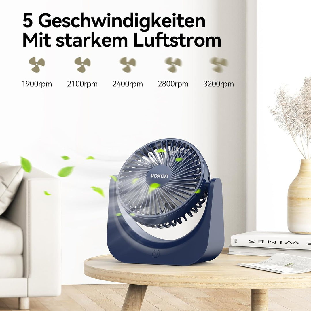 VOXON USB Tischventilator, Mini Ventilator mit 5 Geschwindigkeiten, Ventilator Leise, Usb Fan Klein
