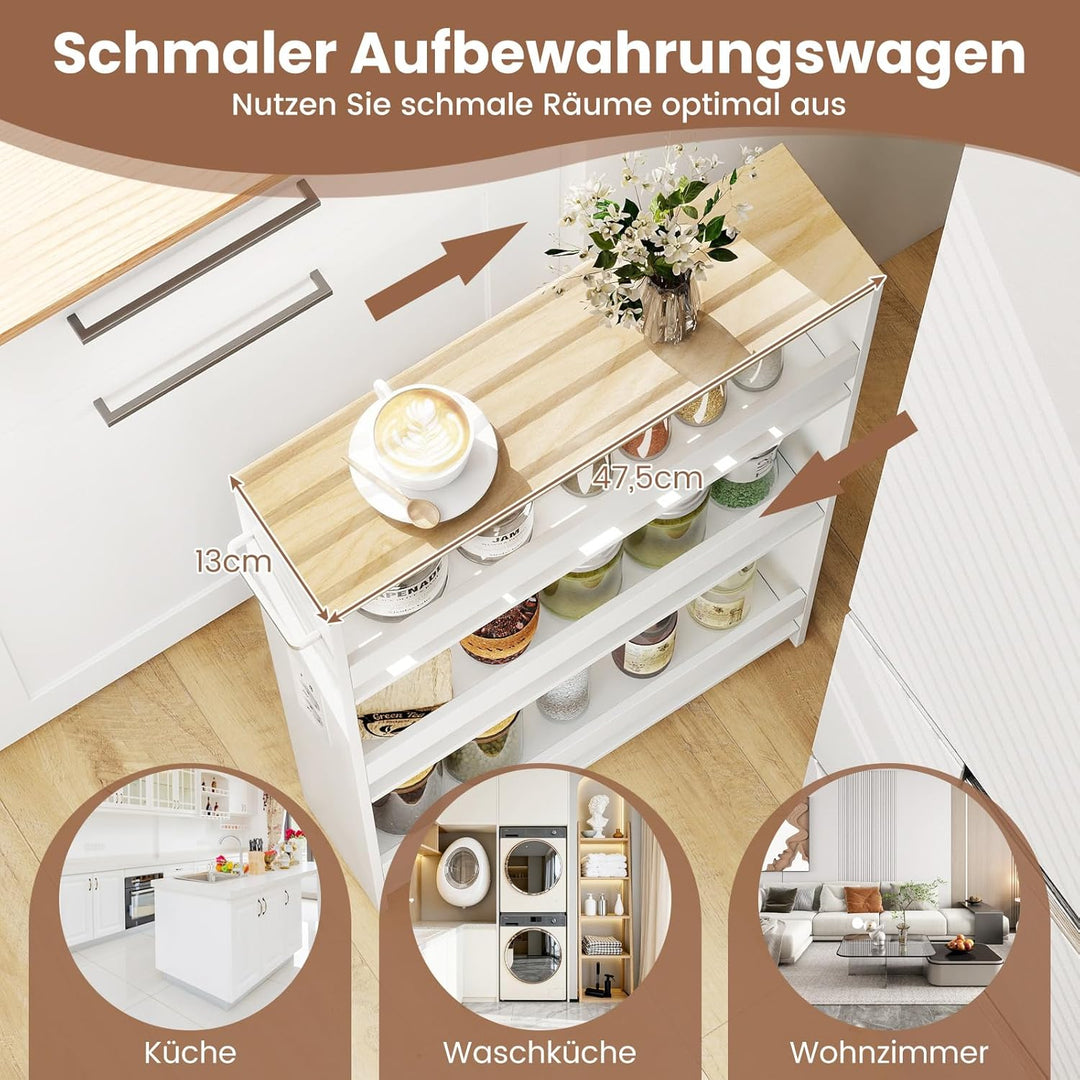 COSTWAY Nischenwagen 13cm breit, 4 Etagen Küchenwagen schmal mit Ladestation, Nischenregal auf Rolle