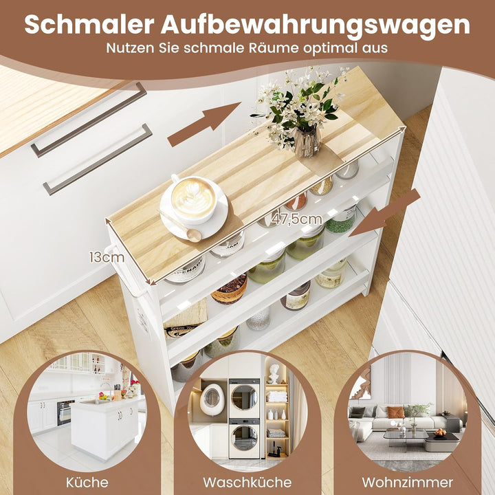 COSTWAY Nischenwagen 13cm breit, 4 Etagen Küchenwagen schmal mit Ladestation, Nischenregal auf Rolle