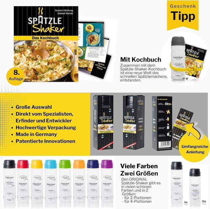 Einsteiger-Set zum Spätzle selber machen mit Spätzle-Shaker (675 ml blau) 2 Portionen & Rezeptbuch (