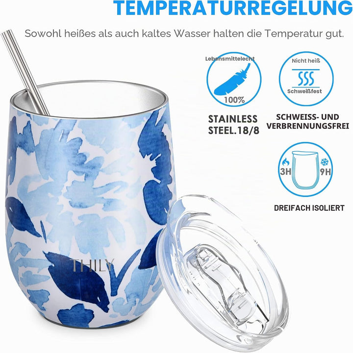 THILY Weinglas mit Deckel und Strohhalm, isoliert, 340 ml, dreifach wandig, isoliert, Edelstahl, häl
