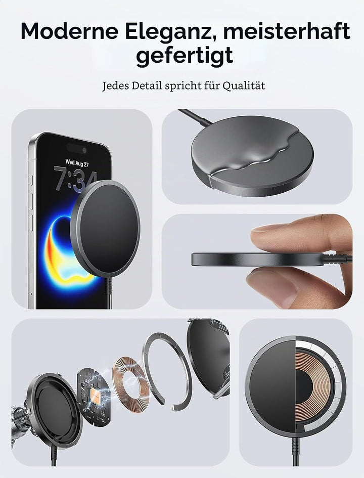 JSAUX 15W Mag-Safe Ladegerät Magnetisches Kabelloses Wireless Charger Pad Induktive Ladestation Komp