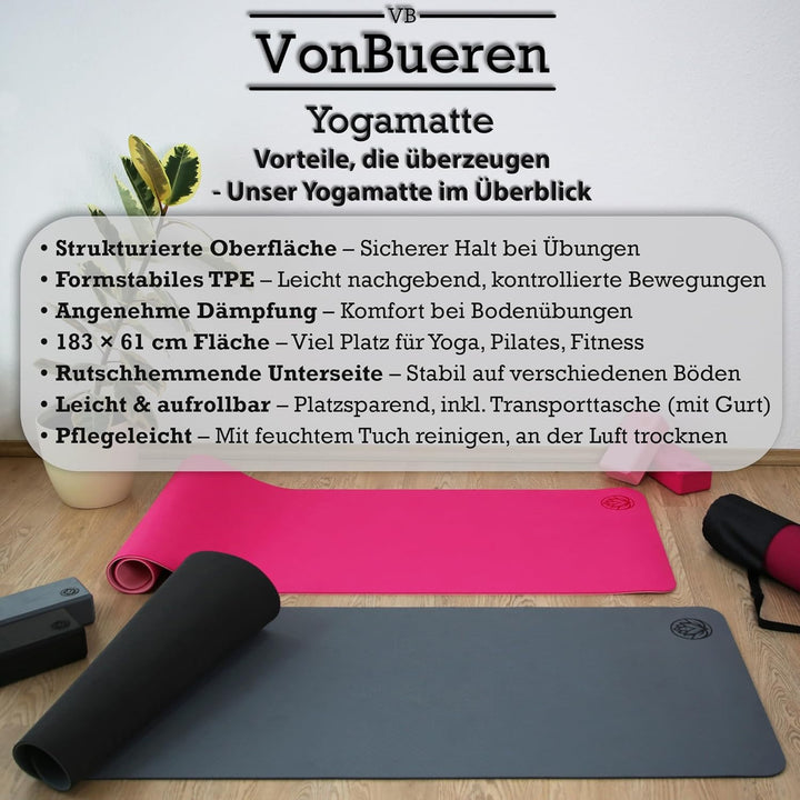 VonBueren Yoga Matte rutschfest | ca. 183 x 61 cm | Yogamatte | Pilates-Gymnastikmatte grau, grau