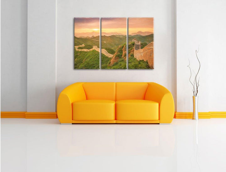 Pixxprint Chinesische Mauer / 3-Teilig/Gesamtmass 120cm Leinwandbild bespannt auf Holzrahmen/Wandbil
