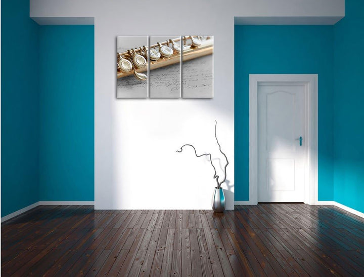 Pixxprint Detailaufnahme Einer Querflöte Schwarz/Weiss 3-Teiler Leinwandbild 120x80 Bild auf Leinwan