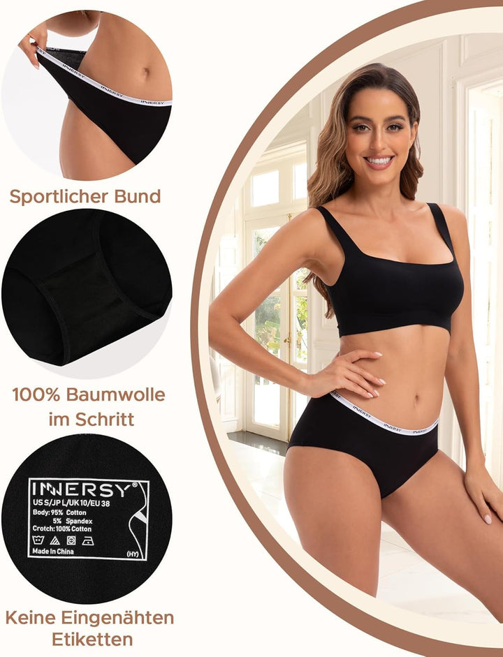INNERSY Unterhosen Damen Baumwolle Slips Mehrpack Hipster Bequem Unterwäsche 6er Pack XS Schwarz, XS