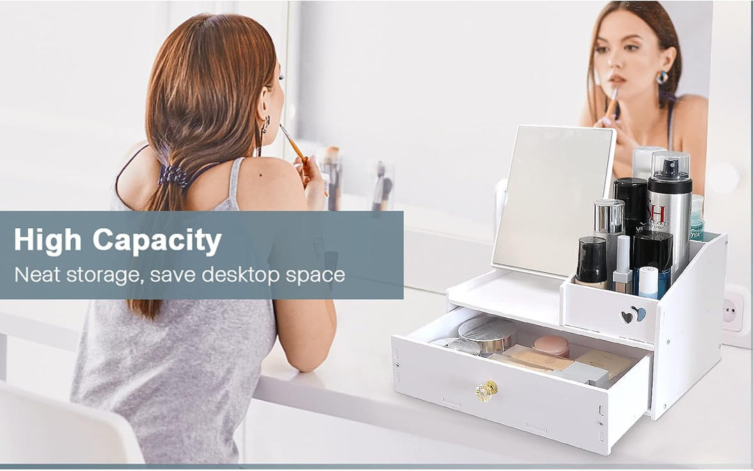 LEcylankEr Cosmetic Organizer, Schminktisch Organizer mit Spiegel, White Desktop Kosmetik Organizer,