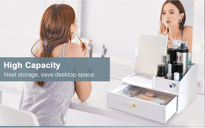LEcylankEr Cosmetic Organizer, Schminktisch Organizer mit Spiegel, White Desktop Kosmetik Organizer,