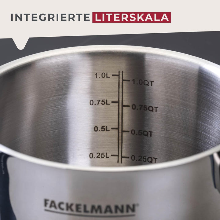 FACKELMANN Kochtopf Essential Ø 14 cm aus Edelstahl, dunkelblaue Bakelit-Griffe, energiesparender Ka