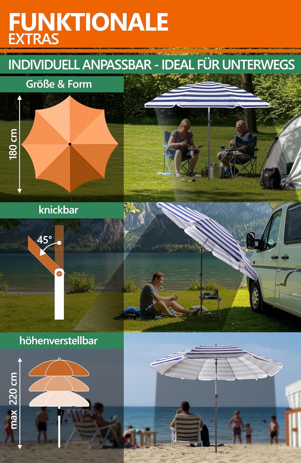 4smile Sonnenschirm Strand SunnyJoy 3-IN-1-SET, Fb. Blau-Weiss - Strandschirm Ø 180 cm + Bodenhülse