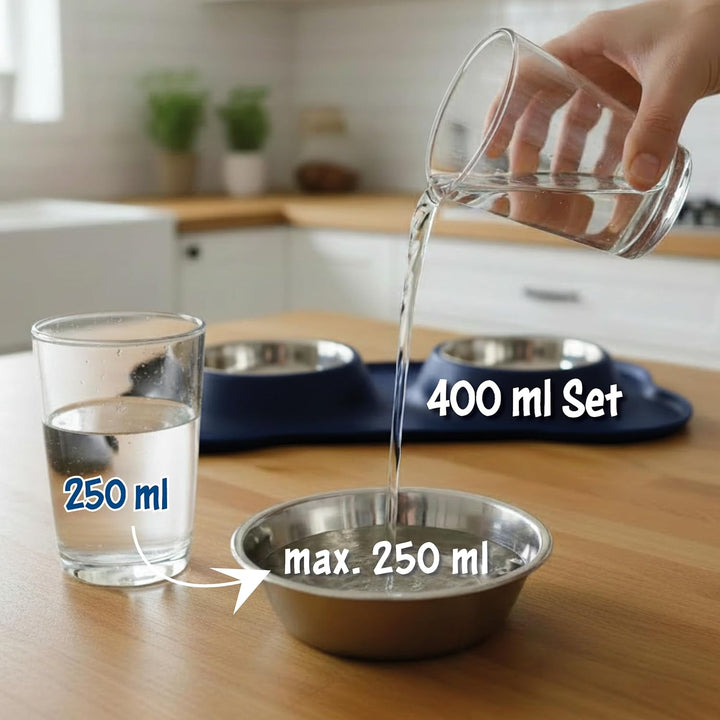 KaraLuna Napfunterlage aus Silikon mit Edelstahl Futternapf I Für Katzen &amp; Hunde (400ml, Blau) Blau