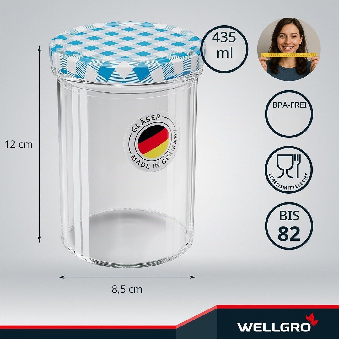 WELLGRO 25x Einmachgläser mit Schraubdeckel - 435 ml, 8,5 x 12 cm (ØxH), Glas/Metall, blau karierte