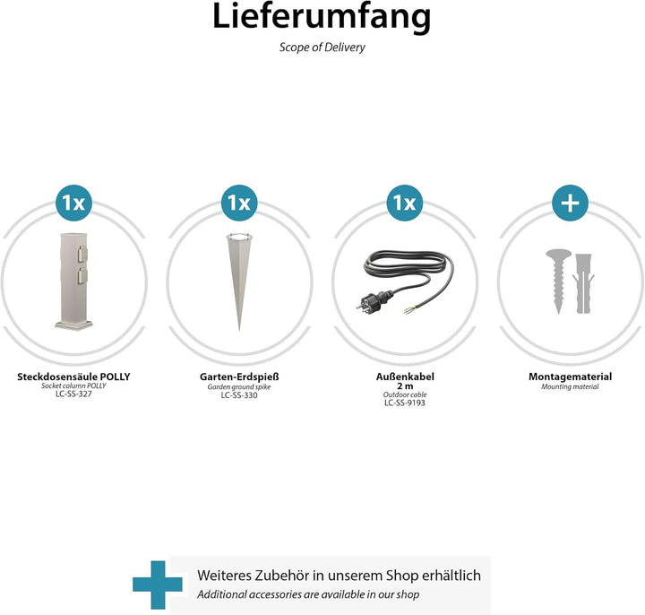 ledscom.de Garten-Steckdosen-Säule Polly mit Erdspiess und 2m Kabel für aussen, 4-Fach, Edelstahl, e
