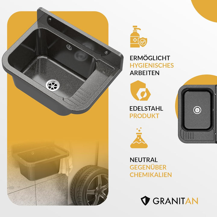 Granitan Ausgussbecken für Garage Keller Werkstatt und Waschküche - Universal Waschtrog Set mit Siph