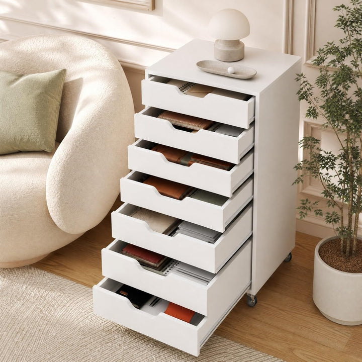 GIANTEX Rollcontainer mit 7 Schubladen, Aktenschrank mit Rollen, Schubladenschrank Holz, Druckertisc