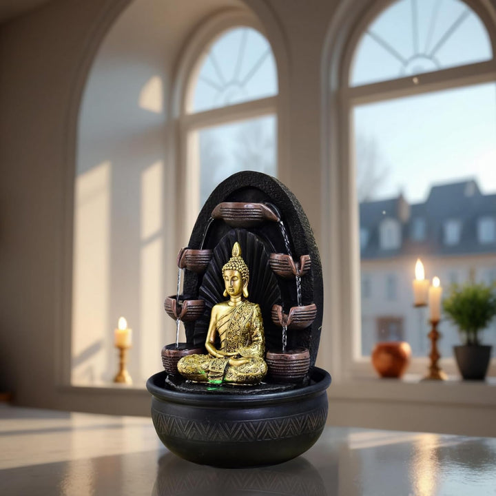 Innenbrunnen Wasserwand Kaskade Buddha Statue Abnehmbares farbenfrohes LED-Licht, Lucky Fountain mit
