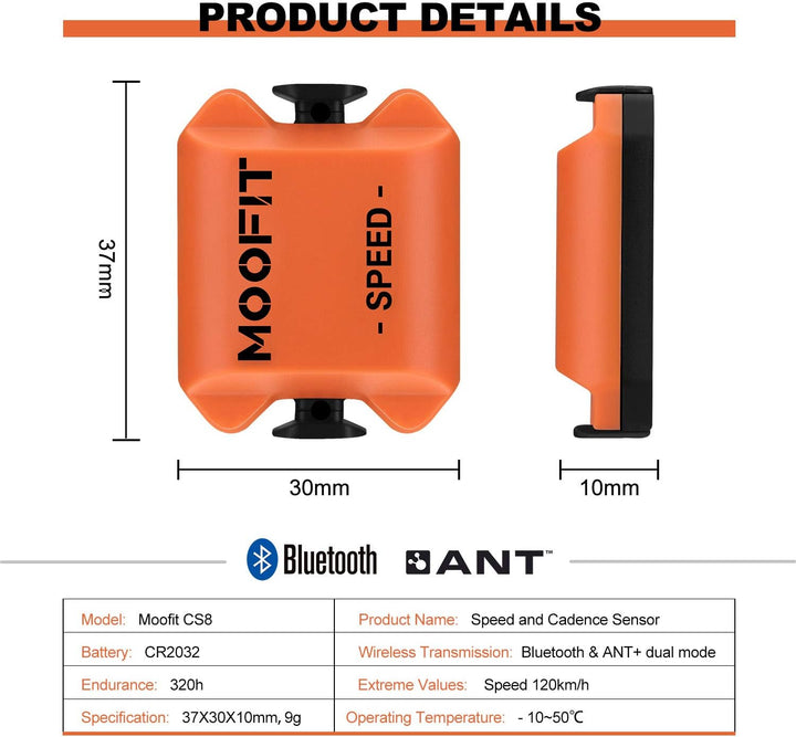 moofit Geschwindigkeitssensor und Trittfrequenzsensor, Bluetooth & ANT+ Kabelloser Geschwindigkeits,