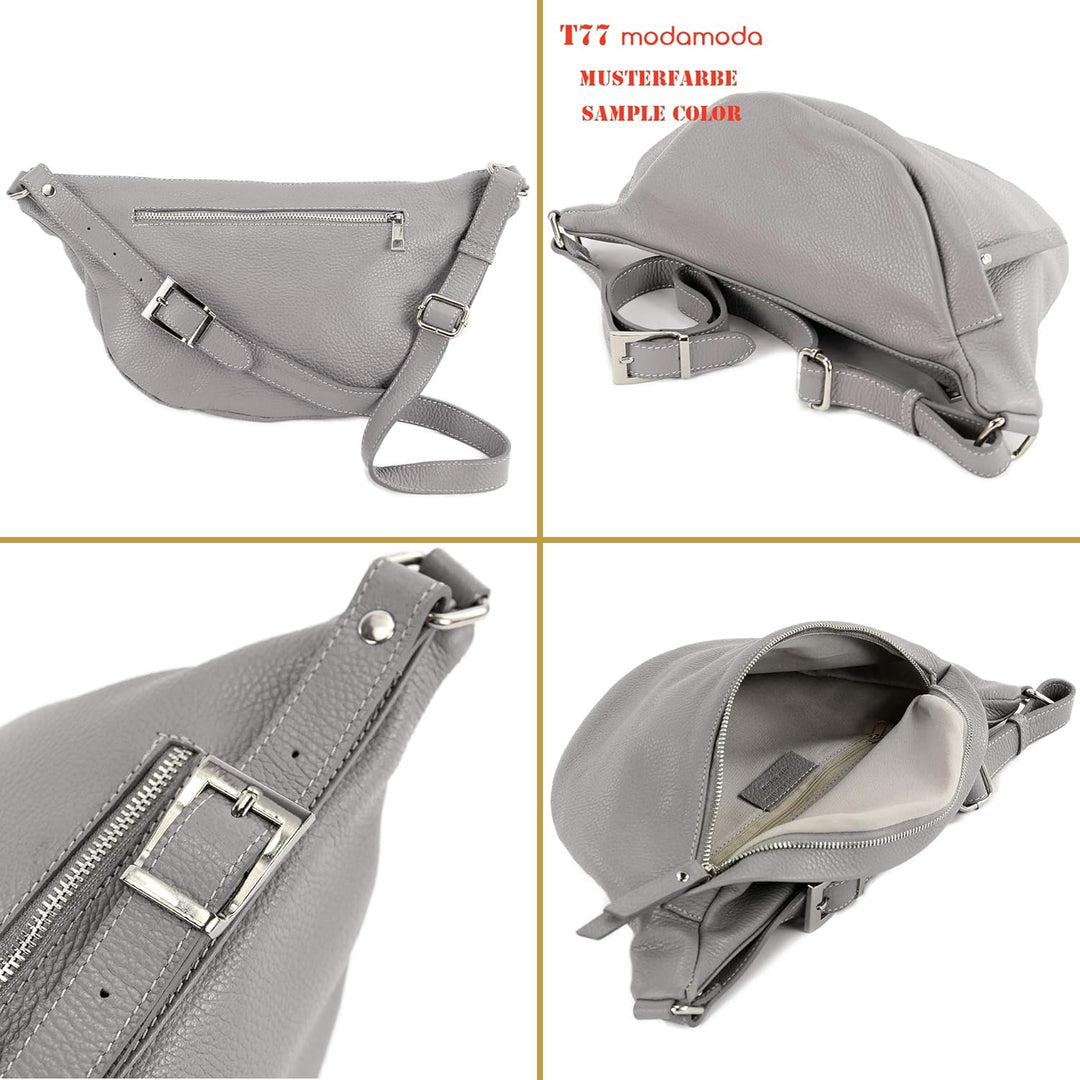 modamoda de - T77 - ital. Hüfttasche Bauchtasche Brusttasche Large aus weichem Leder, Farbe:Graugrün