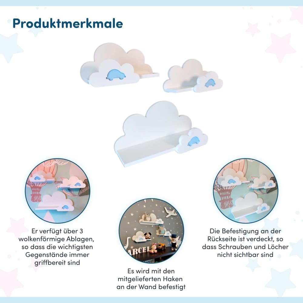 3er Set Wandregal Kinderzimmer Weiss | Babyzimmer Wolkenregal für Bücher, Spielzeug und Dekoration |