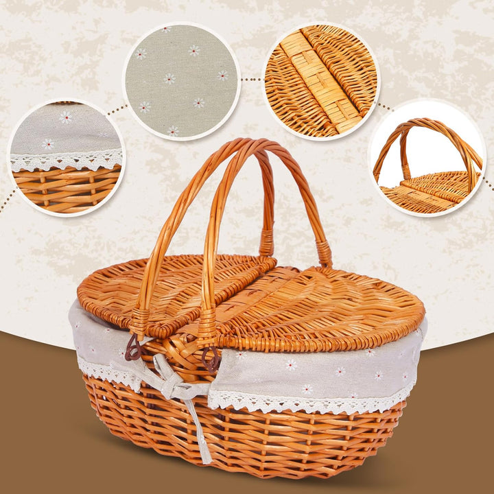 Picknickkorb-Set aus Weide für 4 Personen mit Deckel und Griff. Picknickkorb mit waschbarem Futter u