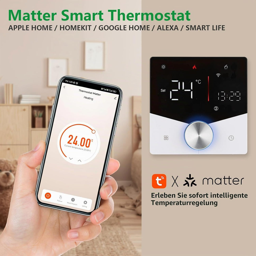 Wengart Matter Thermostat WG009, Smart WLAN Raumthermostat für Wassergeführte Fussbodenheizung, AC 2