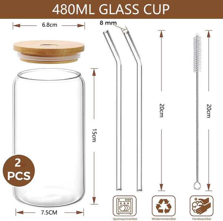 Panngu Bubble Tea Becher mit Deckel und Strohhalm 2er Set, Trinkgläser mit Bambusdeckel und Glasstro