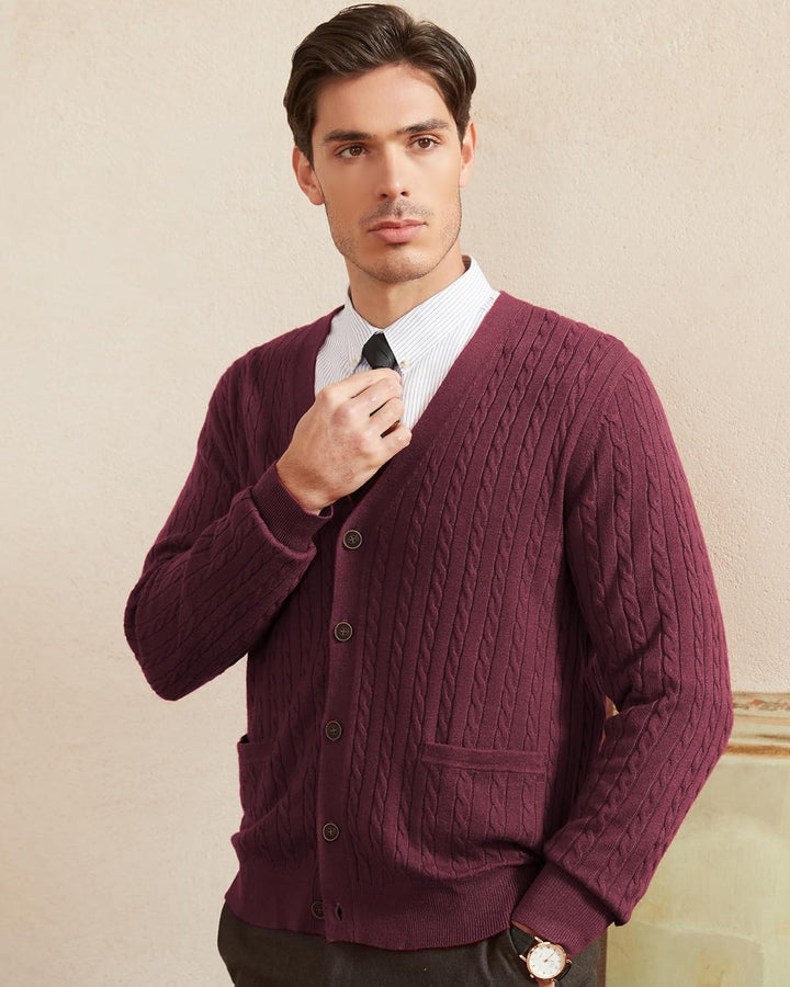 Kallspin Herren Strickjacke aus Wollmischung Zopfstrick Cardigan mit Knopfverschluss und Taschen L T