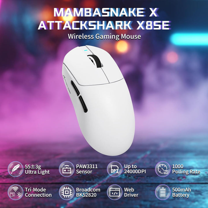 MAMBASNAKE X ATTACK SHARK X8SE 55g ultraleichte kabellose Gaming Maus–bis zu 25000 DPI,PixArt PAW331