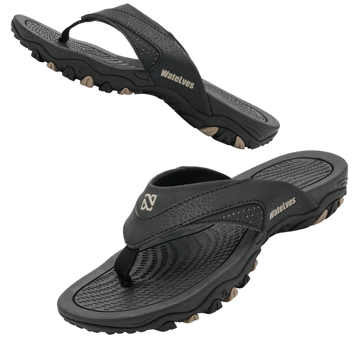 WateLves Herren Flip Flops Zehentrenner Leder mit Arch Support Sandalen Weich Leder Stoff Badelatsch