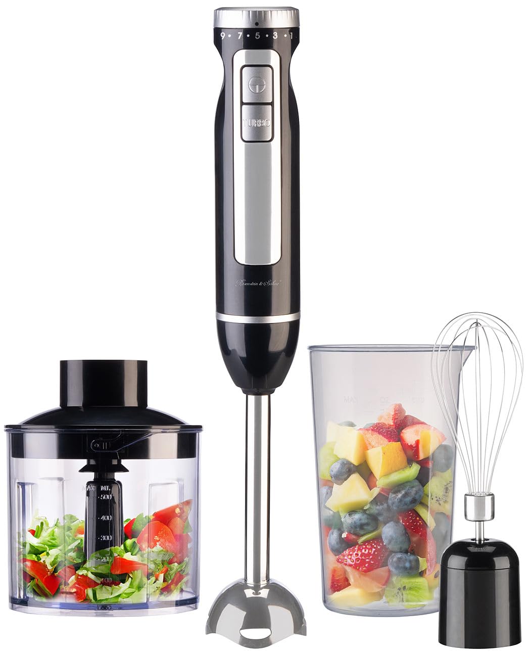 Rosenstein &amp; Söhne Pürierstab: 4in1-Stabmixer, Edelstahl, stufenlos, Turbo, 16.000 U/Min., 1.000 Wat