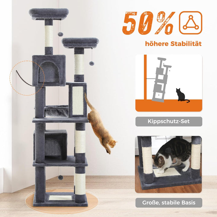 PETEPELA 180cm Kratzbaum gross, Multi-Level Katzenbaum für grosse Katzen, mit 6 Sisalsäule, 2 Kratzb
