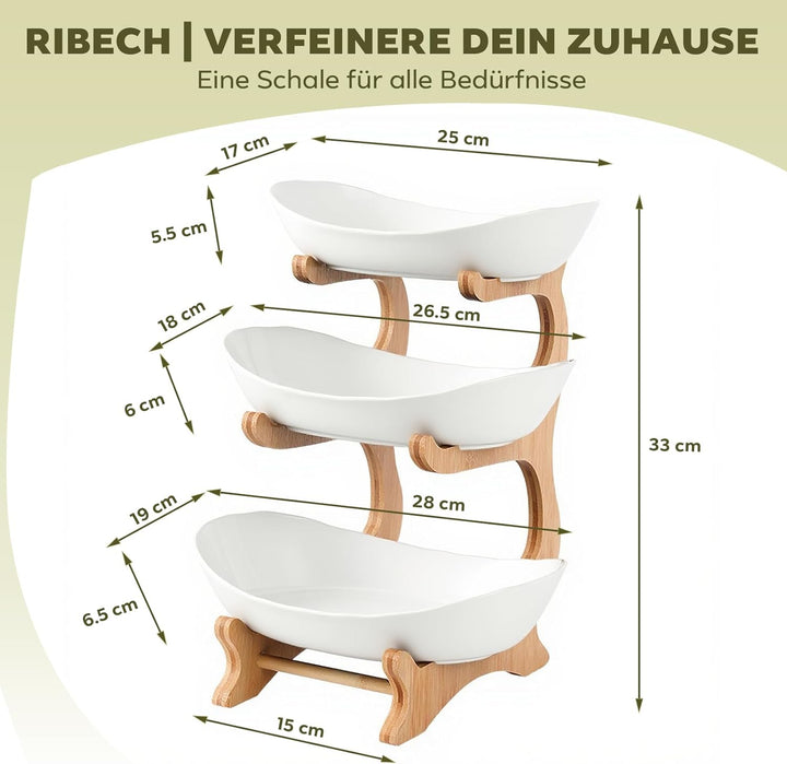 Obstständer 3-stöckig aus Bambus, Mehrstöckiger Obstkübel mit Schalen, Küchenorganizer für Obst und