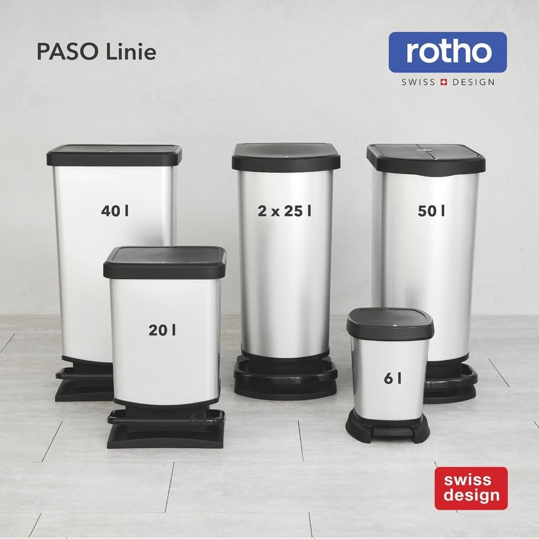 Rotho Paso Mülleimer 20l mit Pedal und Deckel, Kunststoff (PP) BPA-frei, carbonmetallic, 20l (29.3 x
