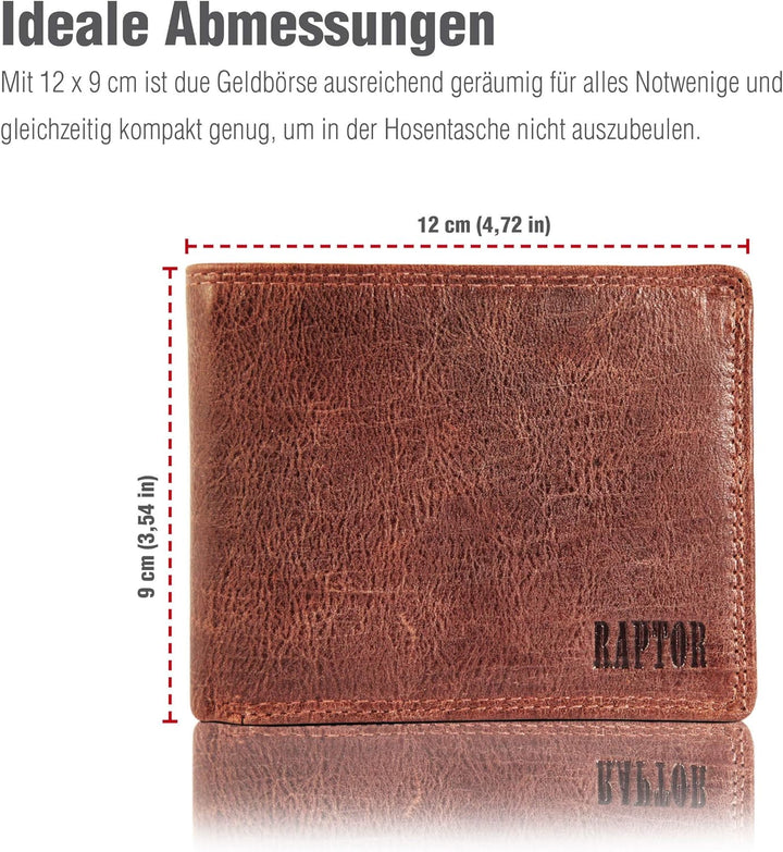Raptor Herren-Geldbörse Echtleder Used Look Querformat braun 12x9 cm RA40003, Braun