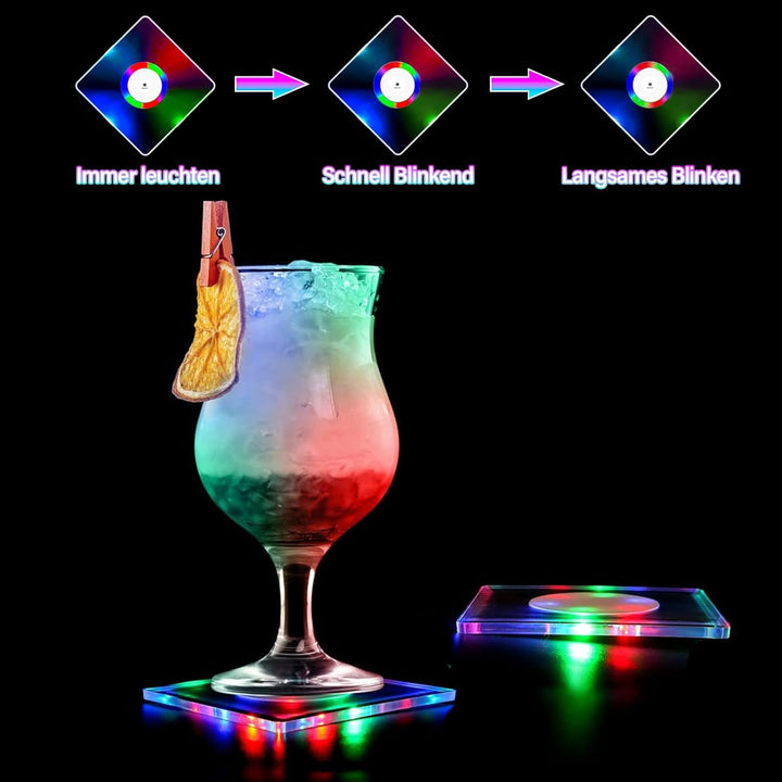 MEDOYOH 4er-Set Quadratisch Bunt LED Untersetzer für Getränke, ON/Off Taste Getränke Untersetzer Set