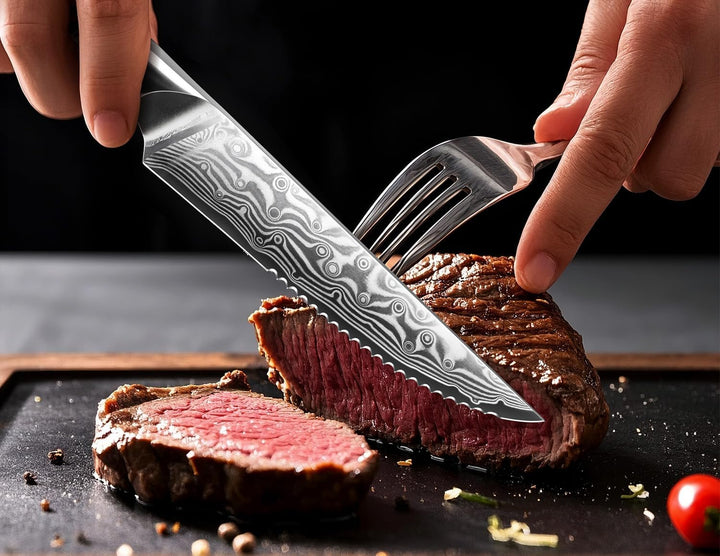 SHAN ZU Steakmesser-Set 7-teilig, 11 cm Damast-Steakmesser mit Block, japanisches Küchenmesser-Set m