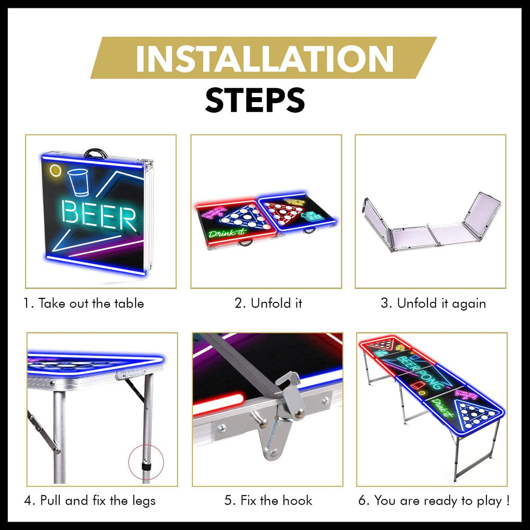 Offizieller Spotlightholes Beer Pong Tisch mit Löchern Set | 1 Glow Beer Pong Tisch + 2 Regale + 22