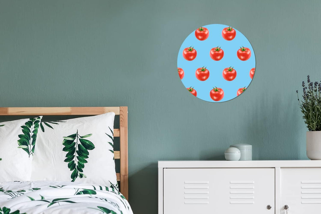 Wandbild Rund Wanddeko Deko Wohnzimmer Bilder 30x30 cm Tomate - Muster - Blau, 30x30 cm