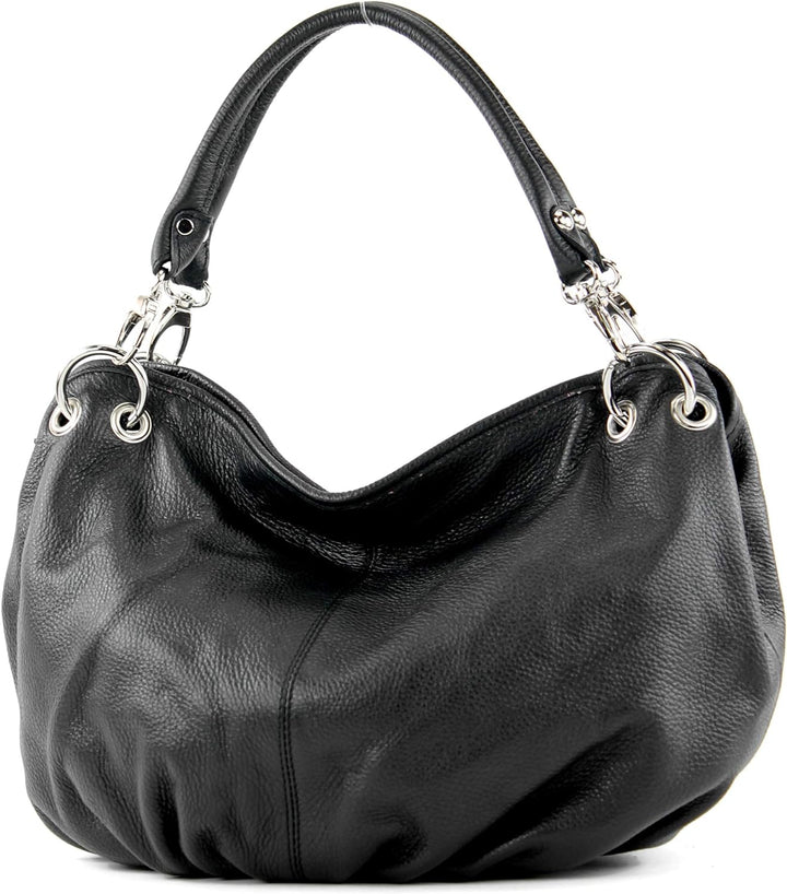 modamoda de - IT40 - ital. Damen Schultertasche aus Leder Schwarz Leder, Schwarz Leder