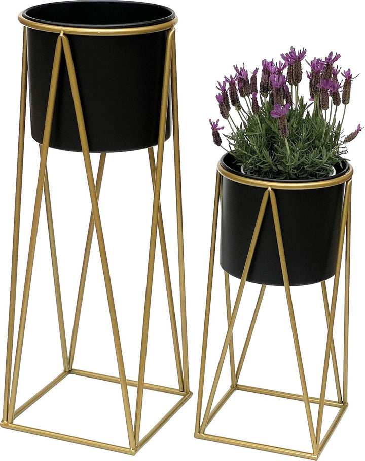 DanDiBo Blumenhocker mit Topf Metall Gold Schwarz 2er Set Blumenständer 96046 Blumensäule Modern Pfl