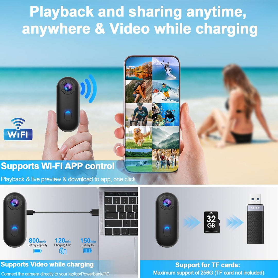 OBEST Action Cam 4K 360 Action Kamera Mini Bodycam Körperkamera, Magnetisch Vlog POV Camera, WiFi Un