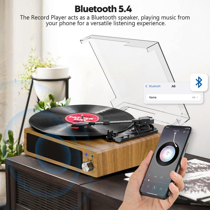FYDEE Plattenspieler, Bluetooth 5.4 Schallplattenspieler mit Einstellbarer Auflagekraft, 2x3W Stereo