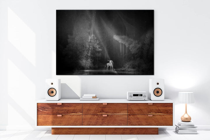 deyoli Einhorn auf einer Waldlichtung Format: 80x60 Effekt: Schwarz&amp;Weiss als Leinwandbild, Motiv fe