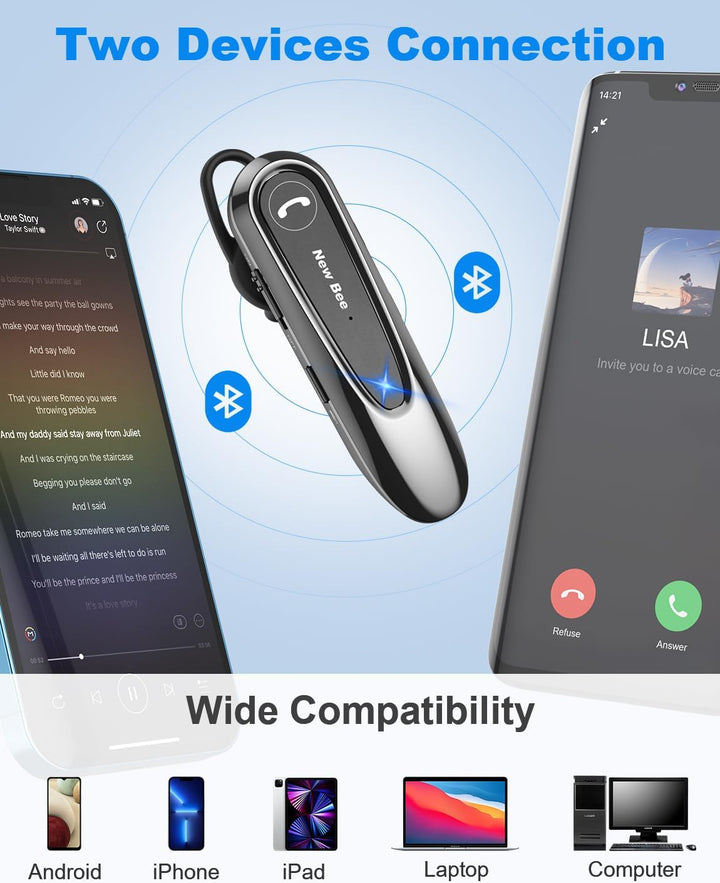 New Bee Bluetooth Headset Wireless Freisprech Telefon mit Dual Mic V5.0 Freisprech-Bluetooth-Ohrhöre